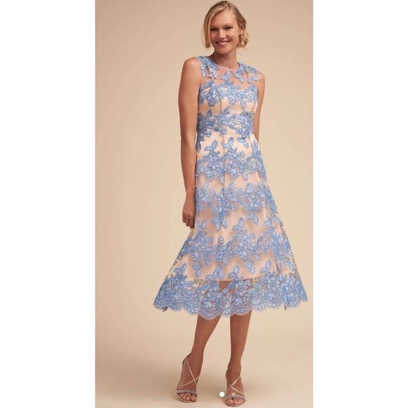 Anthropologie BHLDN Tonya Dress Tea Length Blue Lace Overlay Sleeveless Size 6 - Picture 2 of 10